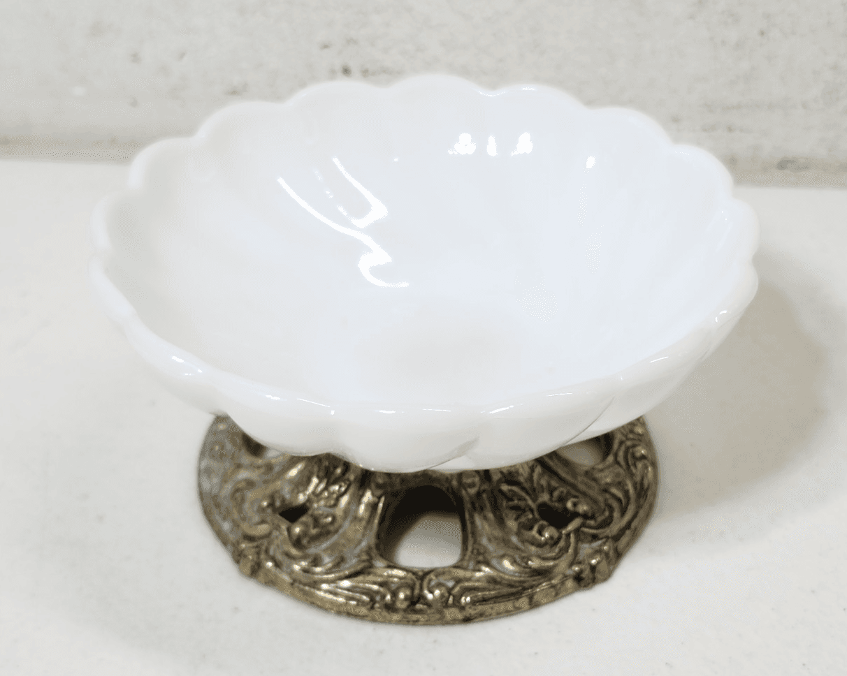 White Milk Glass Jewelry Trinket Nuts Candy Dish Metal Base Ornate Home Decor