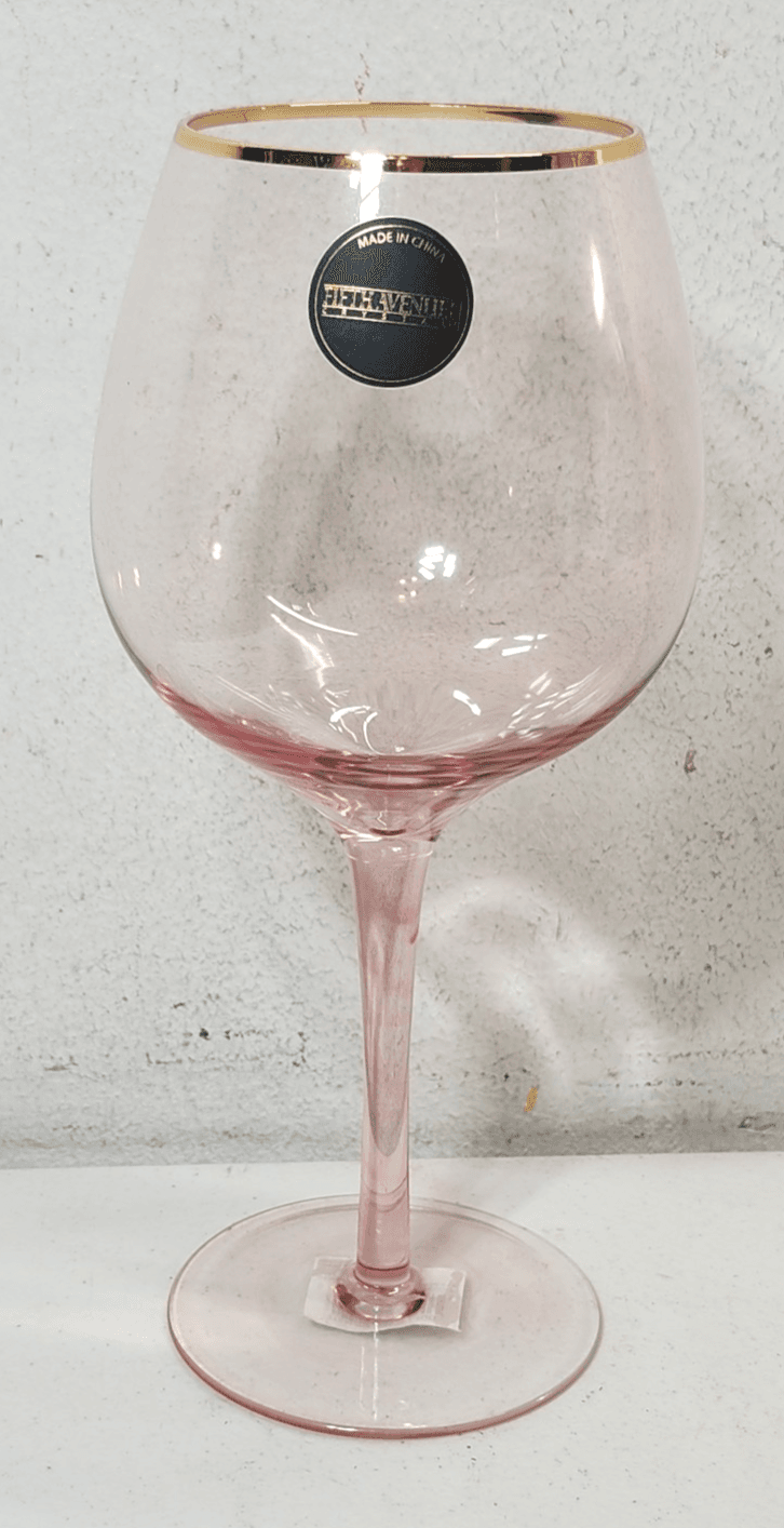 Fifth Avenue Pink Wine Glass With Gold Rim 9" Home Bar Decor