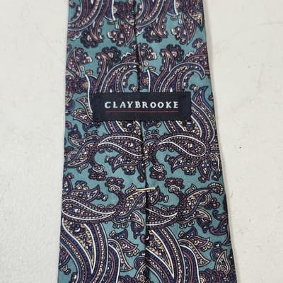 Claybrooke Mens Necktie Green Purple Beige Paisley 100% Silk 56" Career - Thumbnail 2