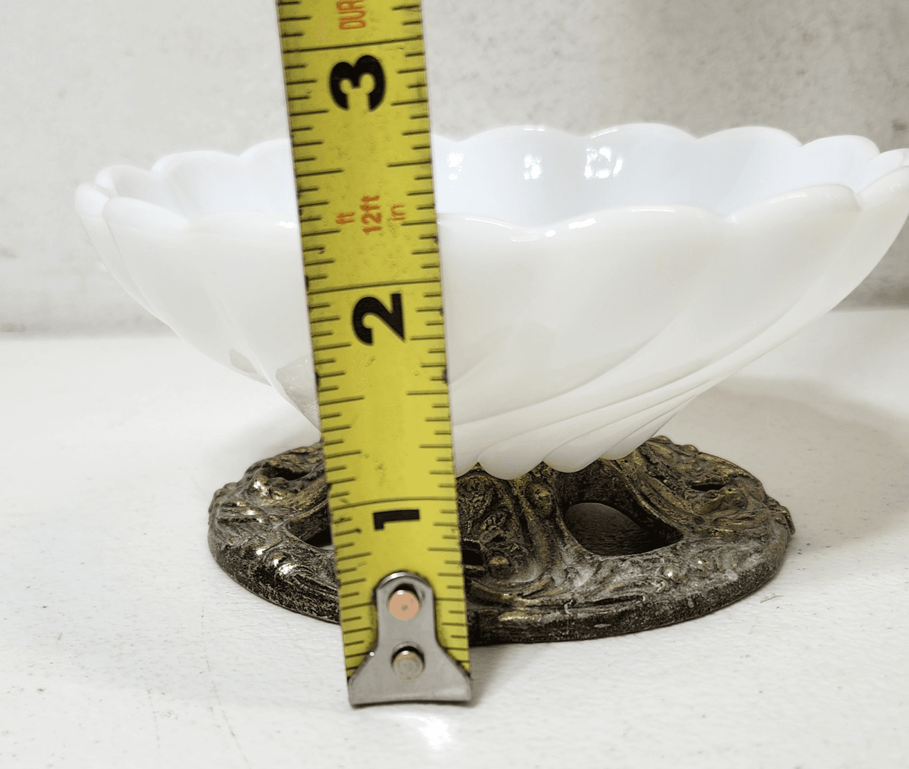 White Milk Glass Jewelry Trinket Nuts Candy Dish Metal Base Ornate Home Decor - Thumbnail 6