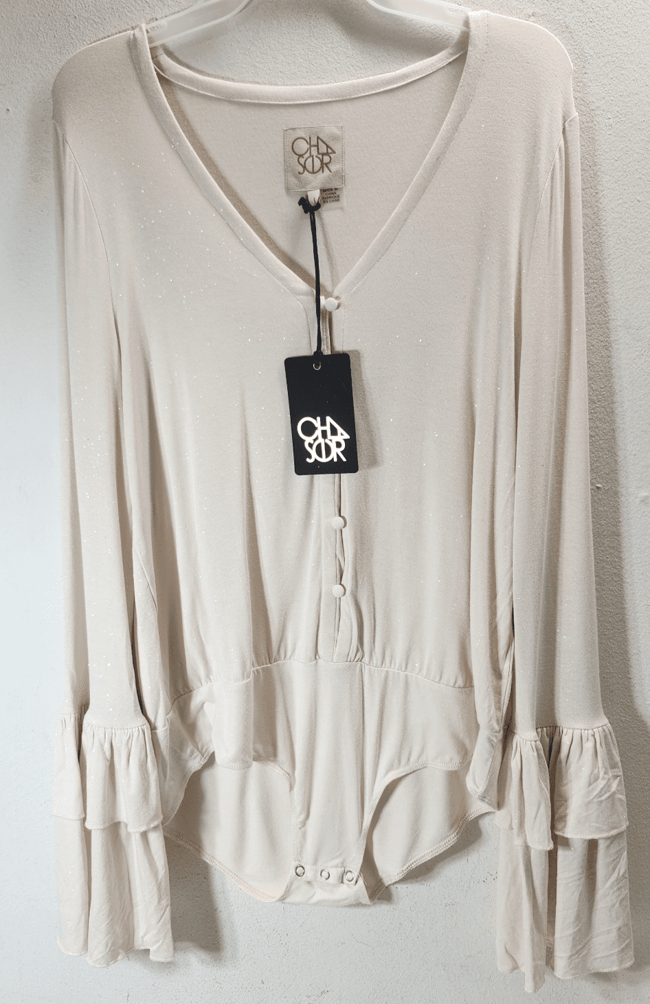 Chaser Womens Bodysuit Shirt Top Size Large Sparkly Beige NEW