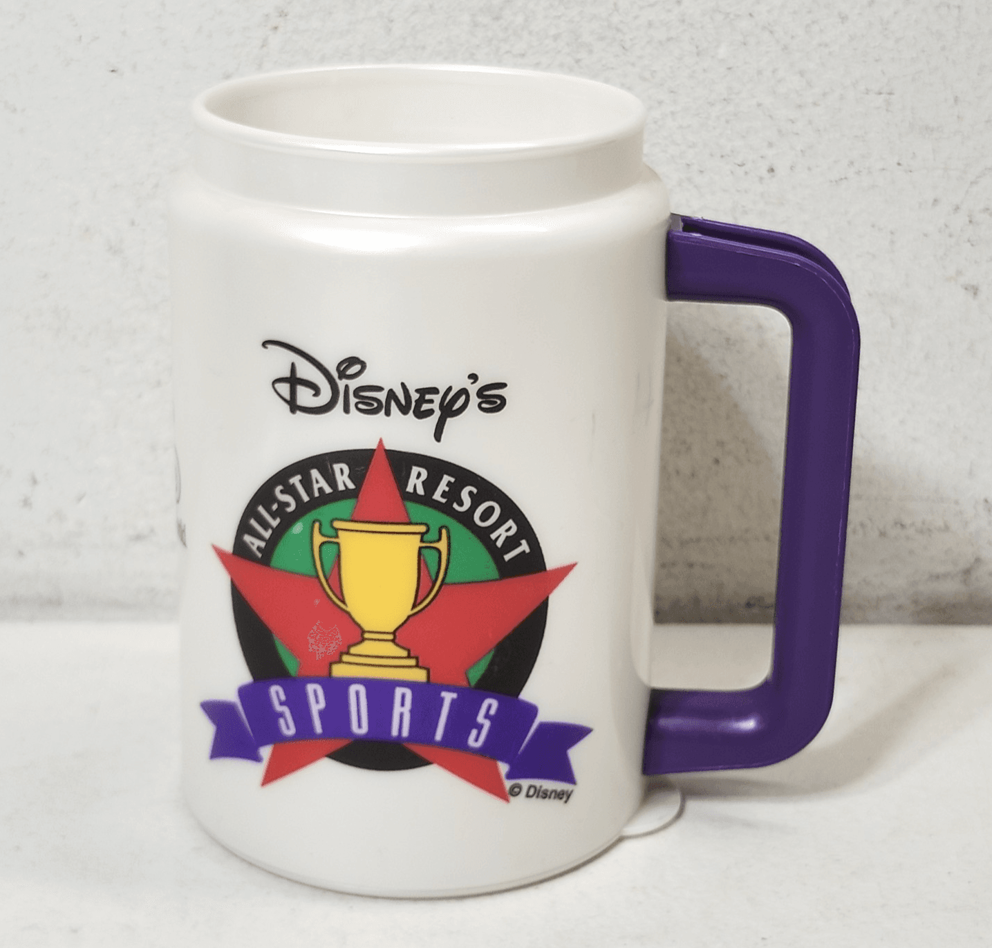 Disney's All-Star Resort Sports Travel Mug Plastic Cup Purple Lid Vintage 1990s