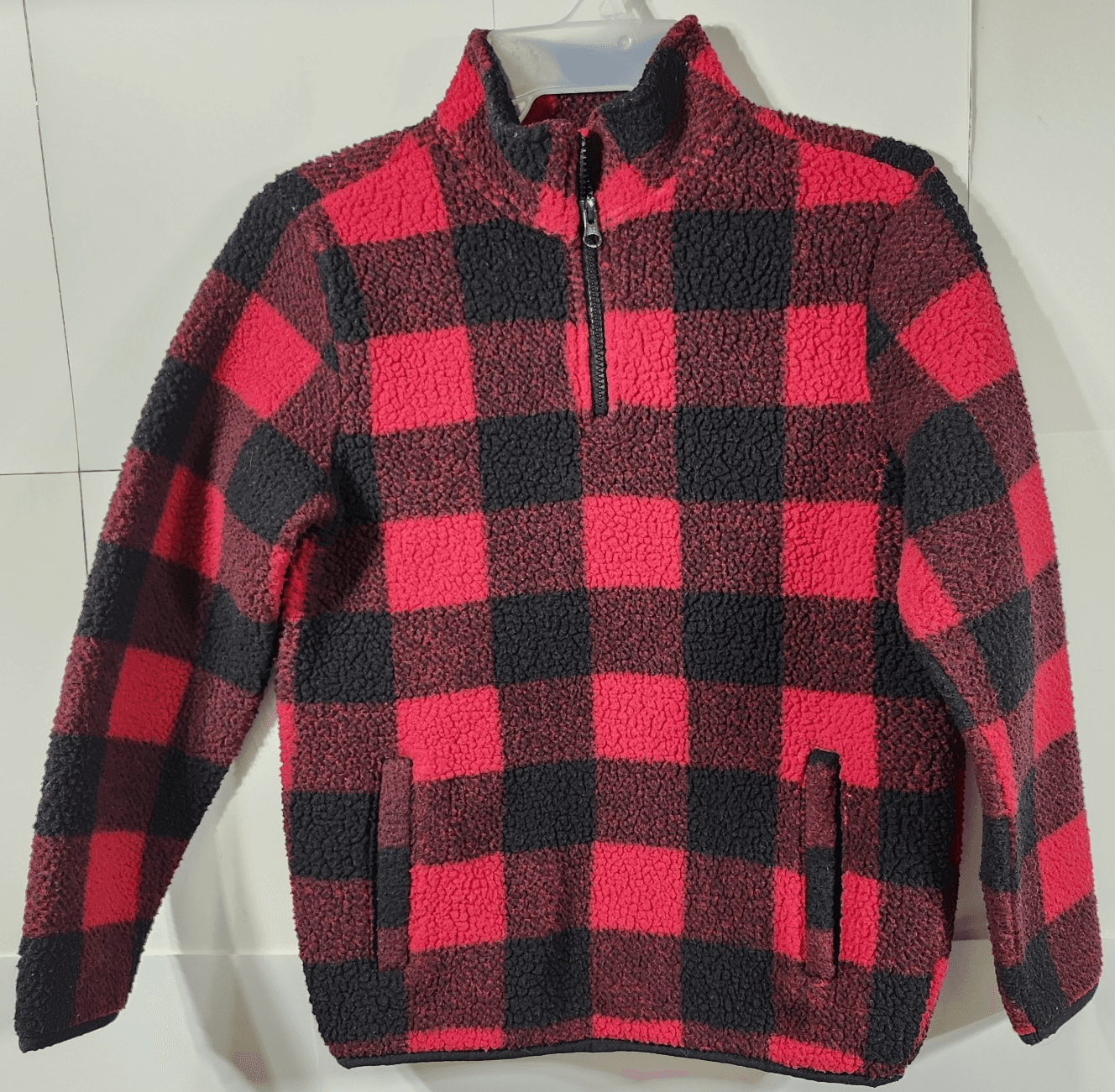 Old Navy Boys Size Large 10-12 Red/Black Buffalo Plaid Sherpa Pullover - Thumbnail 5