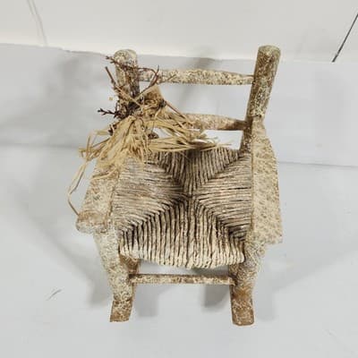 Handmade Rustic Miniature Doll Wooden Chair with Woven Seat Vintage - Thumbnail 2