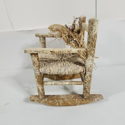 Handmade Rustic Miniature Doll Wooden Chair with Woven Seat Vintage - Thumbnail 3