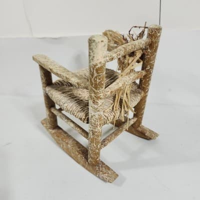 Handmade Rustic Miniature Doll Wooden Chair with Woven Seat Vintage - Thumbnail 4