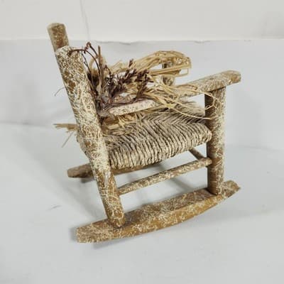 Handmade Rustic Miniature Doll Wooden Chair with Woven Seat Vintage - Thumbnail 6