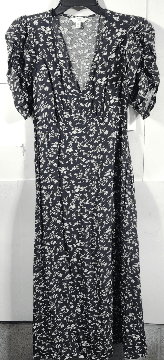 Time and Tru Women's V-Neck Midi Dress Size XS Ruched Sleeve Black Floral NEW - Thumbnail 5