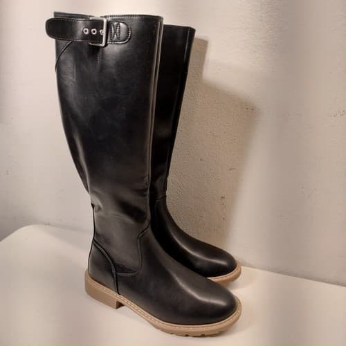 Time and Tru Boots Womens 6 Tall Riding Black Faux Leather Buckle Cuban Heels - Thumbnail 9