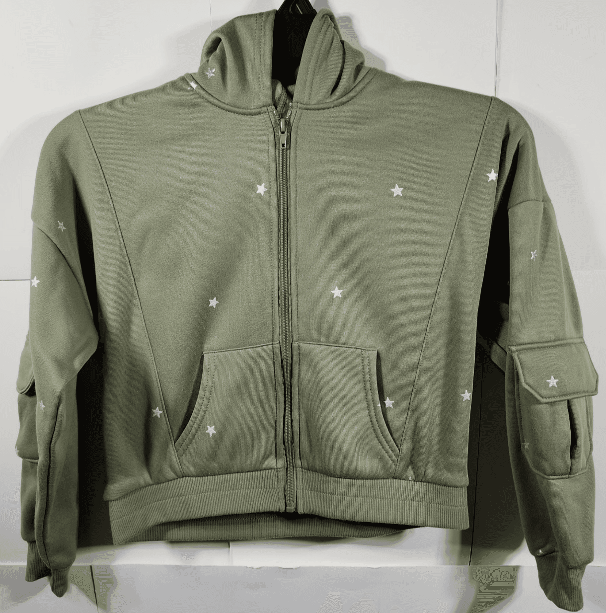 Girls Crop Hoodie L Full Zip Green With Silver Star Pattern Long Sleeve - Thumbnail 5