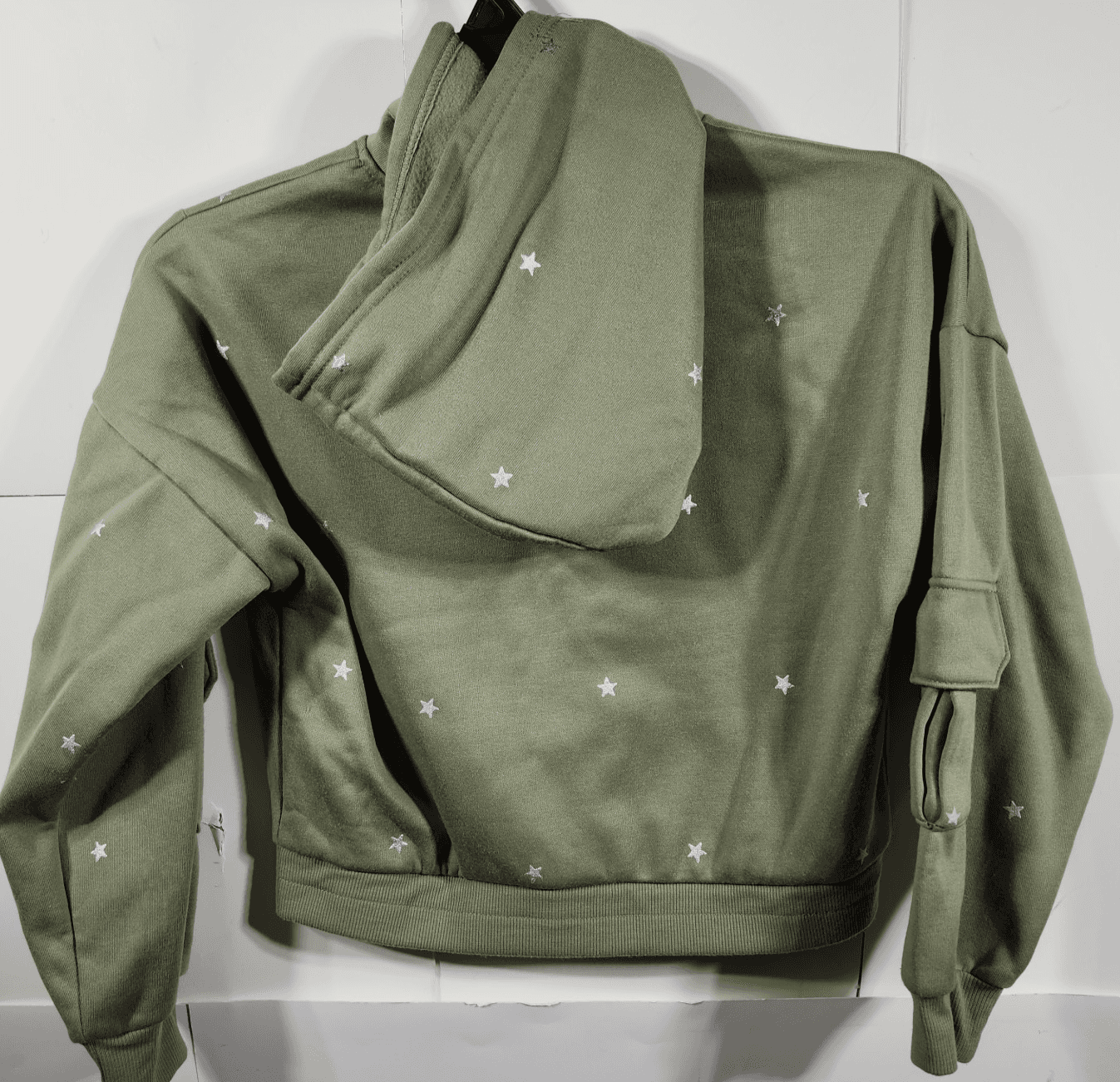 Girls Crop Hoodie L Full Zip Green With Silver Star Pattern Long Sleeve - Thumbnail 4