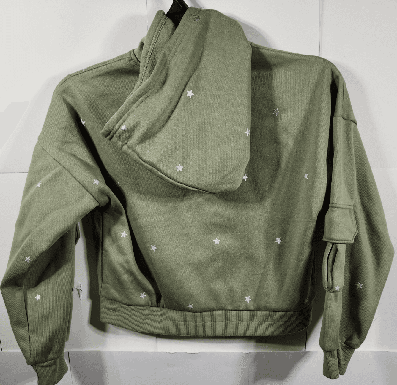 Girls Crop Hoodie L Full Zip Green With Silver Star Pattern Long Sleeve - Thumbnail 6