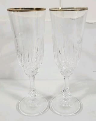 2 Clear Glass Champagne Flute With Diamond Design Etched Home Bar Decor 7.5" - Thumbnail 2