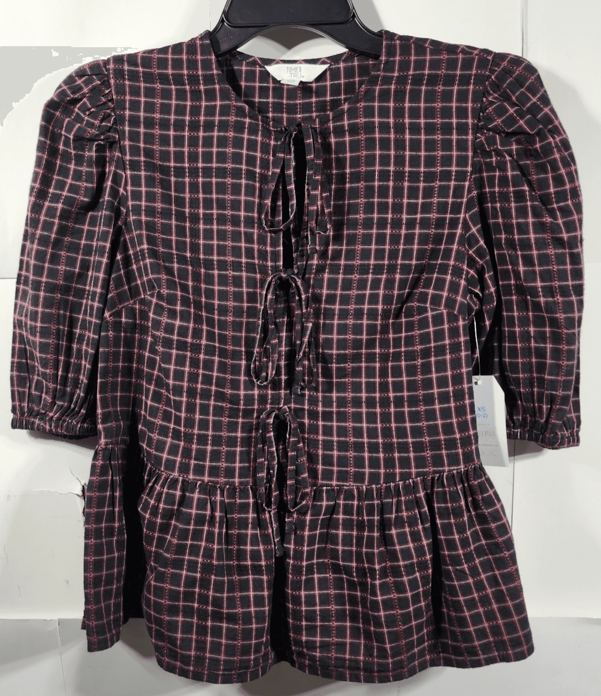 Time and Tru Women's XS Tie Front Peplum Top with Short Puff Sleeves NEW