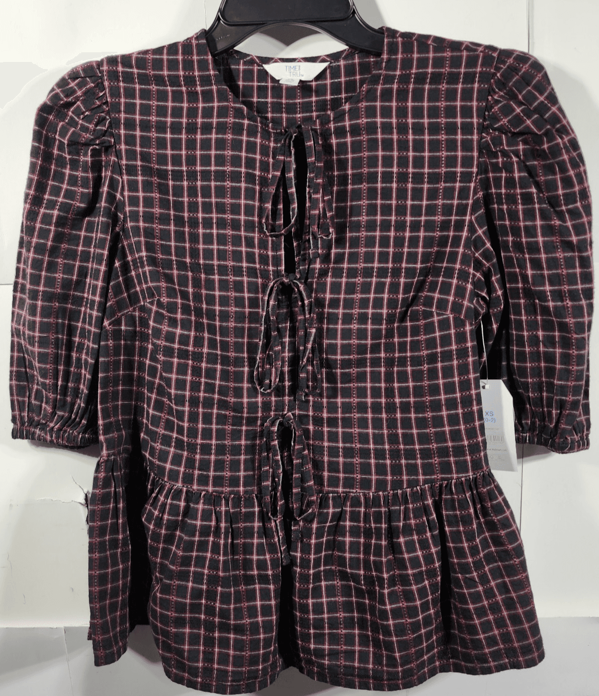 Time and Tru Women's XS Tie Front Peplum Top with Short Puff Sleeves NEW - Thumbnail 5