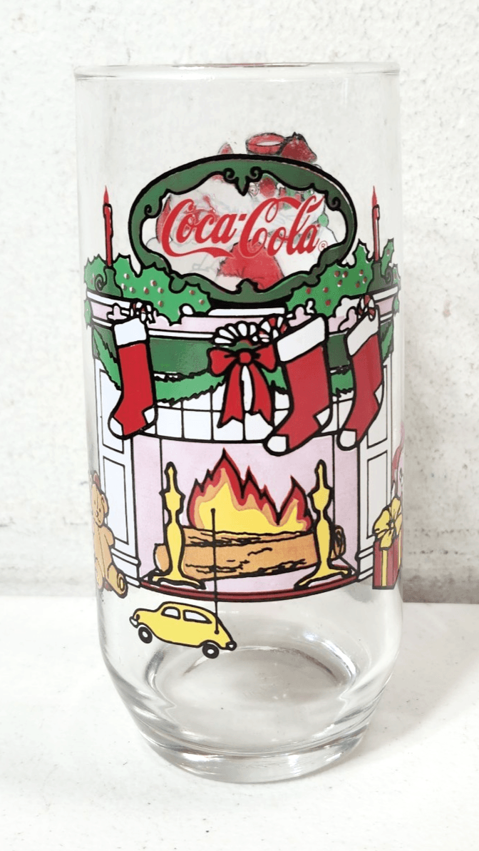 Coca Cola Christmas Glass Coke Santa Fireplace Tumbler Vintage McCrory Stores - Thumbnail 2