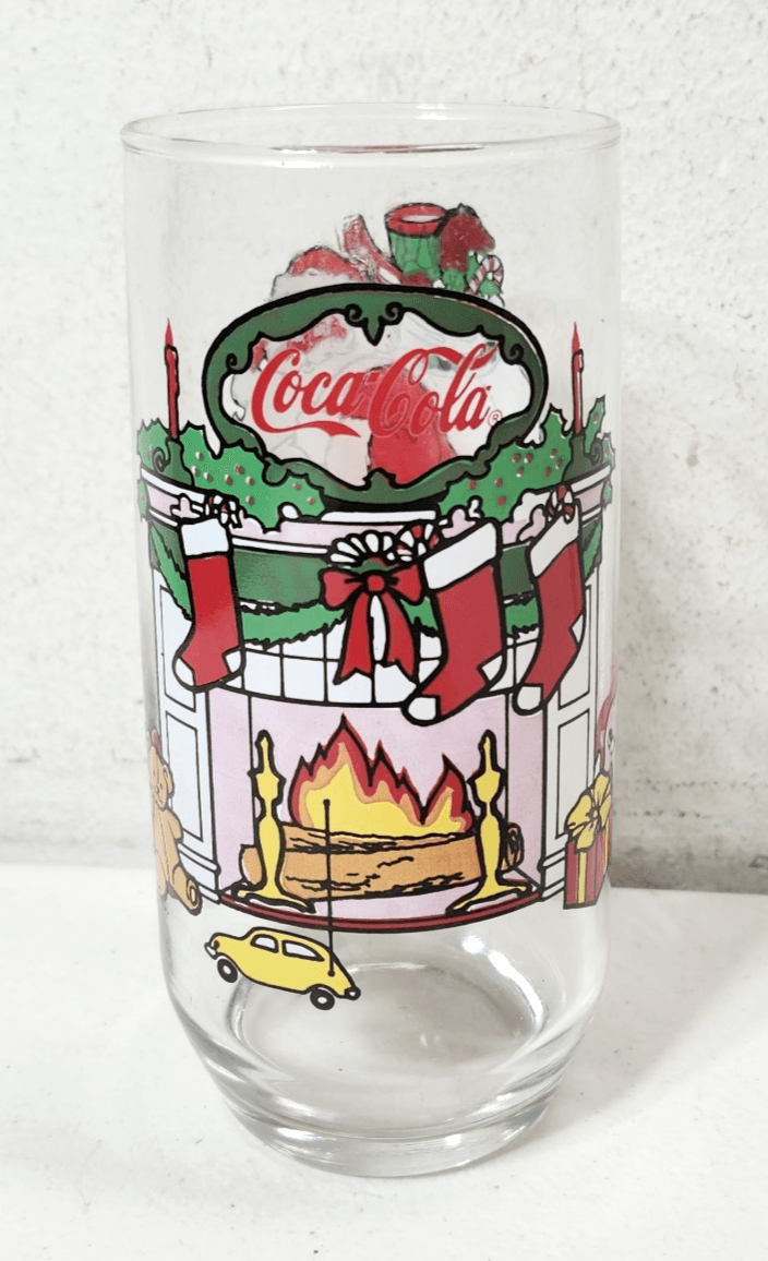 Coca Cola Christmas Glass Coke Santa Fireplace Tumbler Vintage McCrory Stores - Thumbnail 3