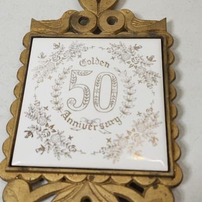 Vintage Napcoware 50th Anniversary 9" Brass Trivet Ceramic Inlay Gold White - Thumbnail 2