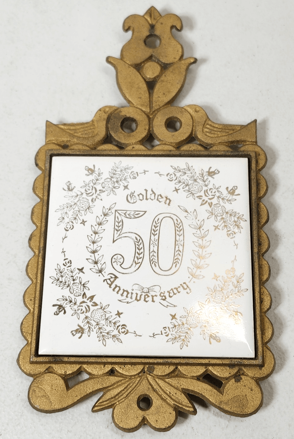 Vintage Napcoware 50th Anniversary 9" Brass Trivet Ceramic Inlay Gold White