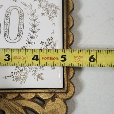 Vintage Napcoware 50th Anniversary 9" Brass Trivet Ceramic Inlay Gold White - Thumbnail 5