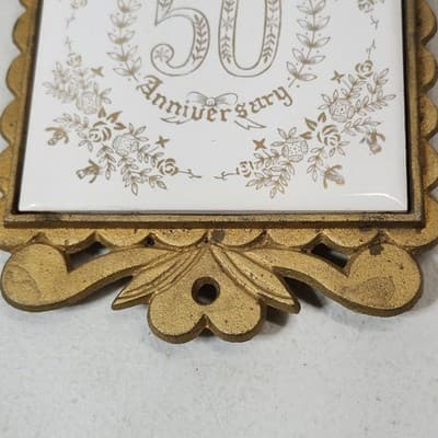 Vintage Napcoware 50th Anniversary 9" Brass Trivet Ceramic Inlay Gold White - Thumbnail 4