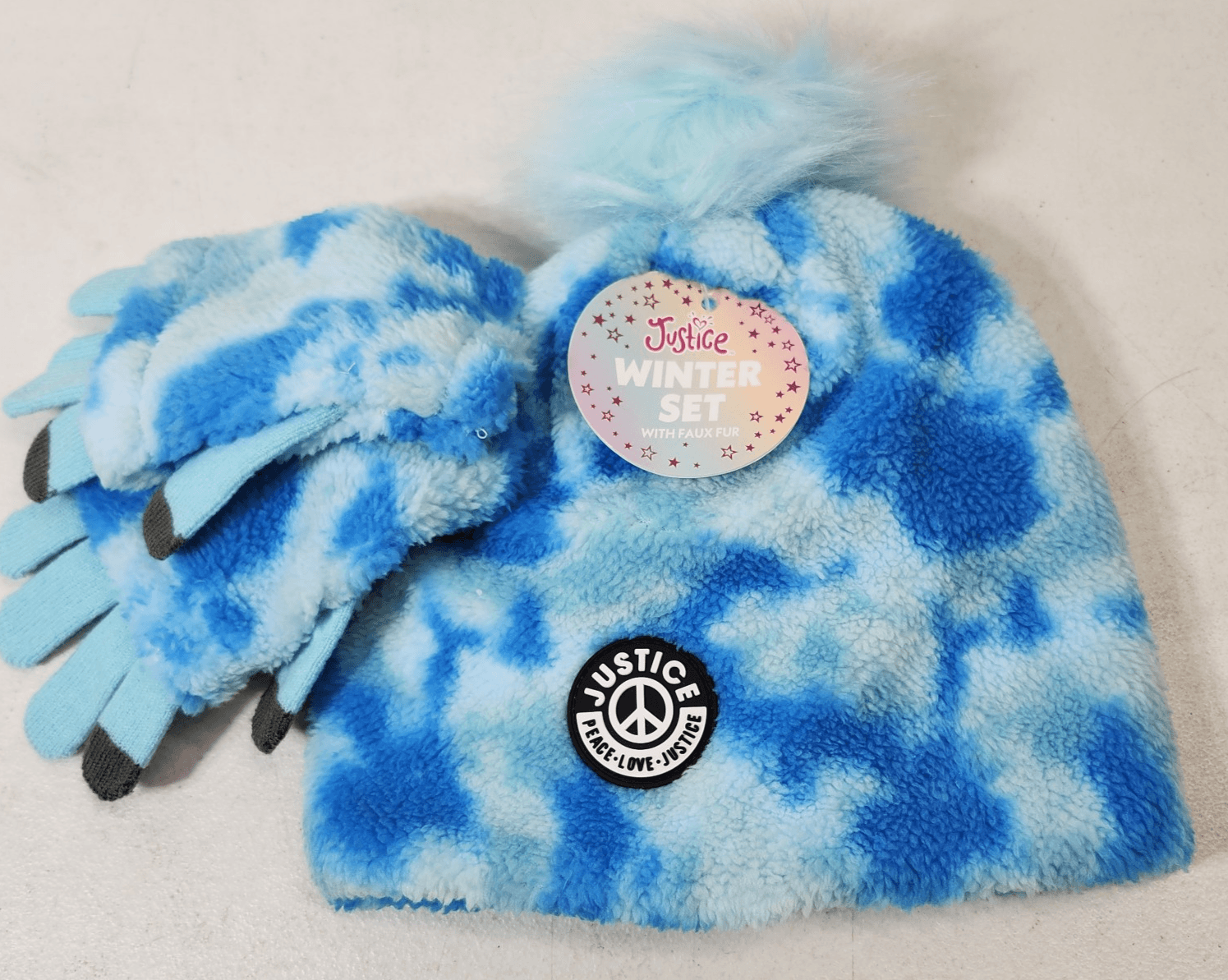 Justice Girls Blue Faux Fur Pom Pom Sherpa Beanie Hat/Gloves Set NEW - Thumbnail 2
