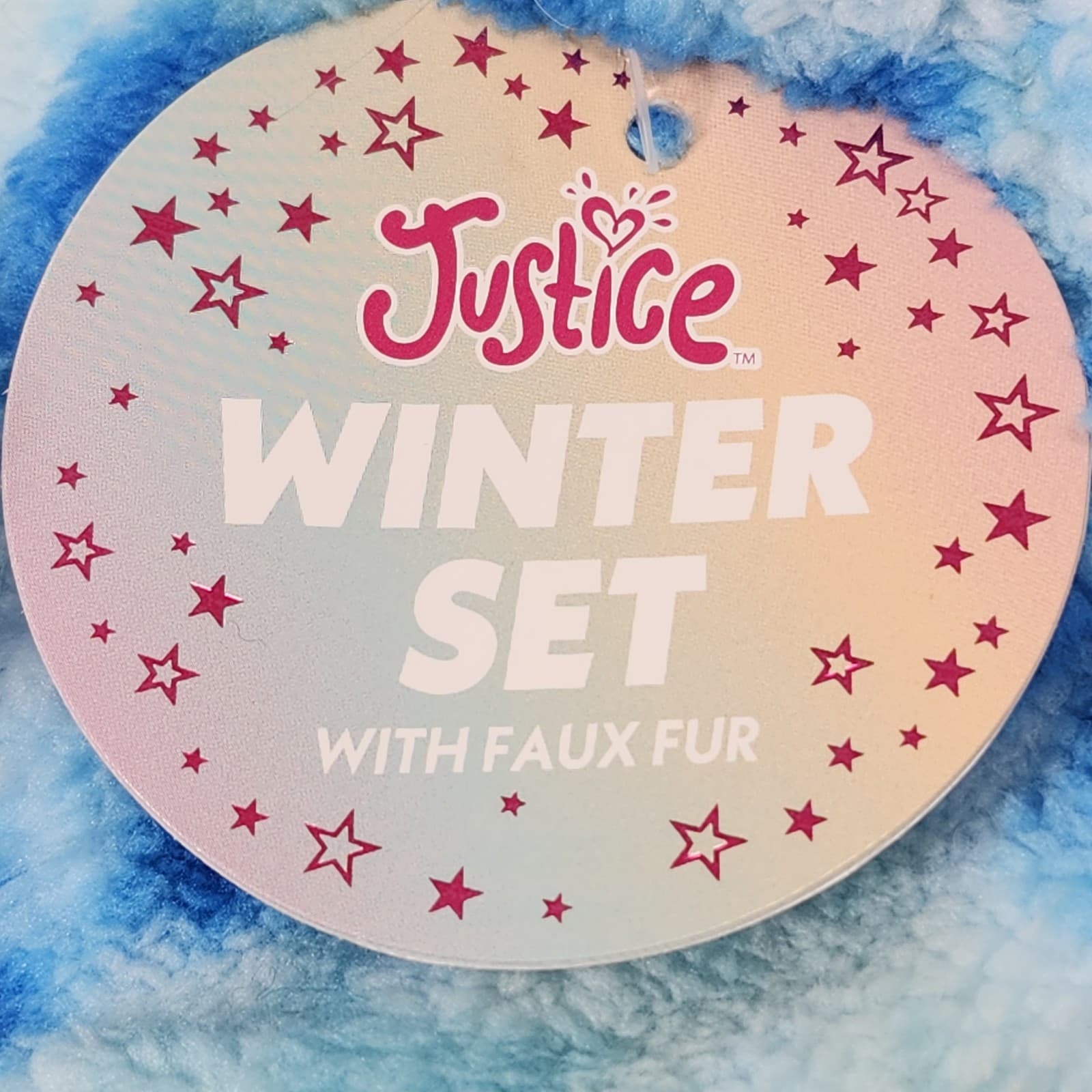 Justice Girls Blue Faux Fur Pom Pom Sherpa Beanie Hat/Gloves Set NEW - Thumbnail 3