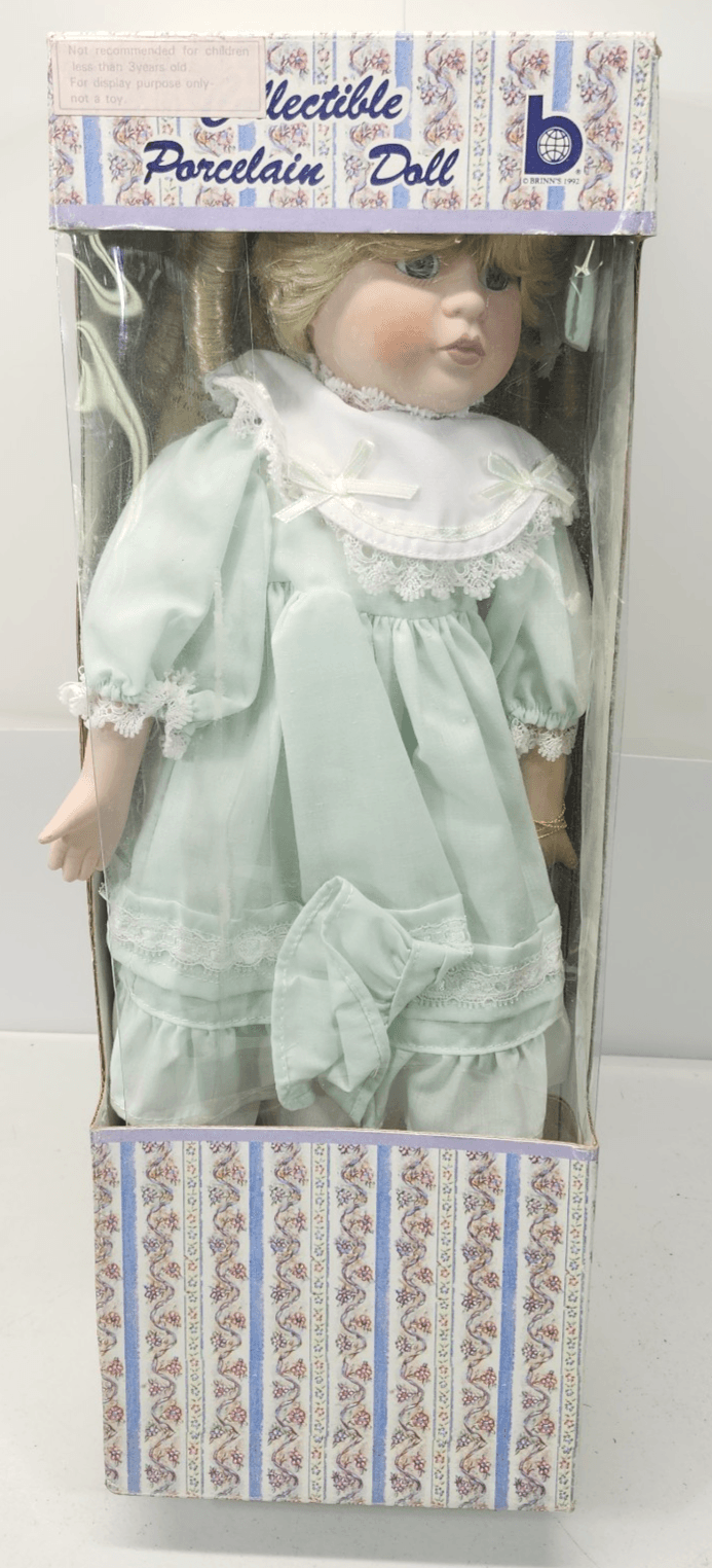 Vintage Brinn's Porcelain Doll w Green Dress Blonde Hair Blue Eyes 1992 - Thumbnail 2