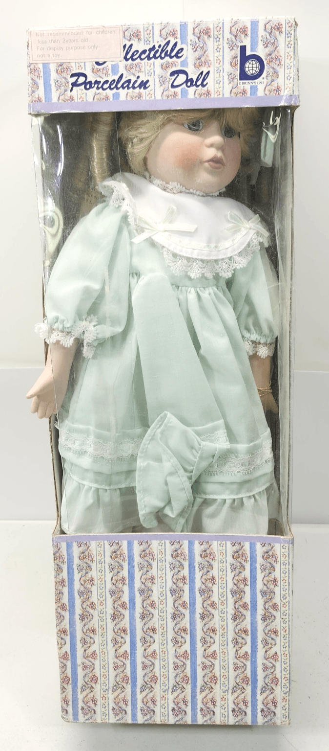 Vintage Brinn's Porcelain Doll w Green Dress Blonde Hair Blue Eyes 1992