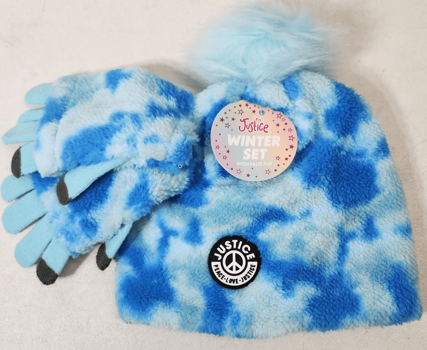 Justice Girls Blue Faux Fur Pom Pom Sherpa Beanie Hat/Gloves Set NEW