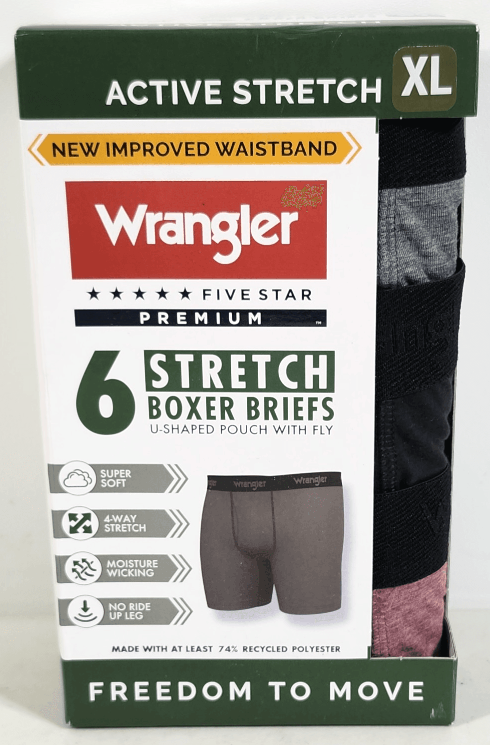 Wrangler Men's XL 6 Pair Boxer Briefs Underwear Stretch Moisture Wicking NEW