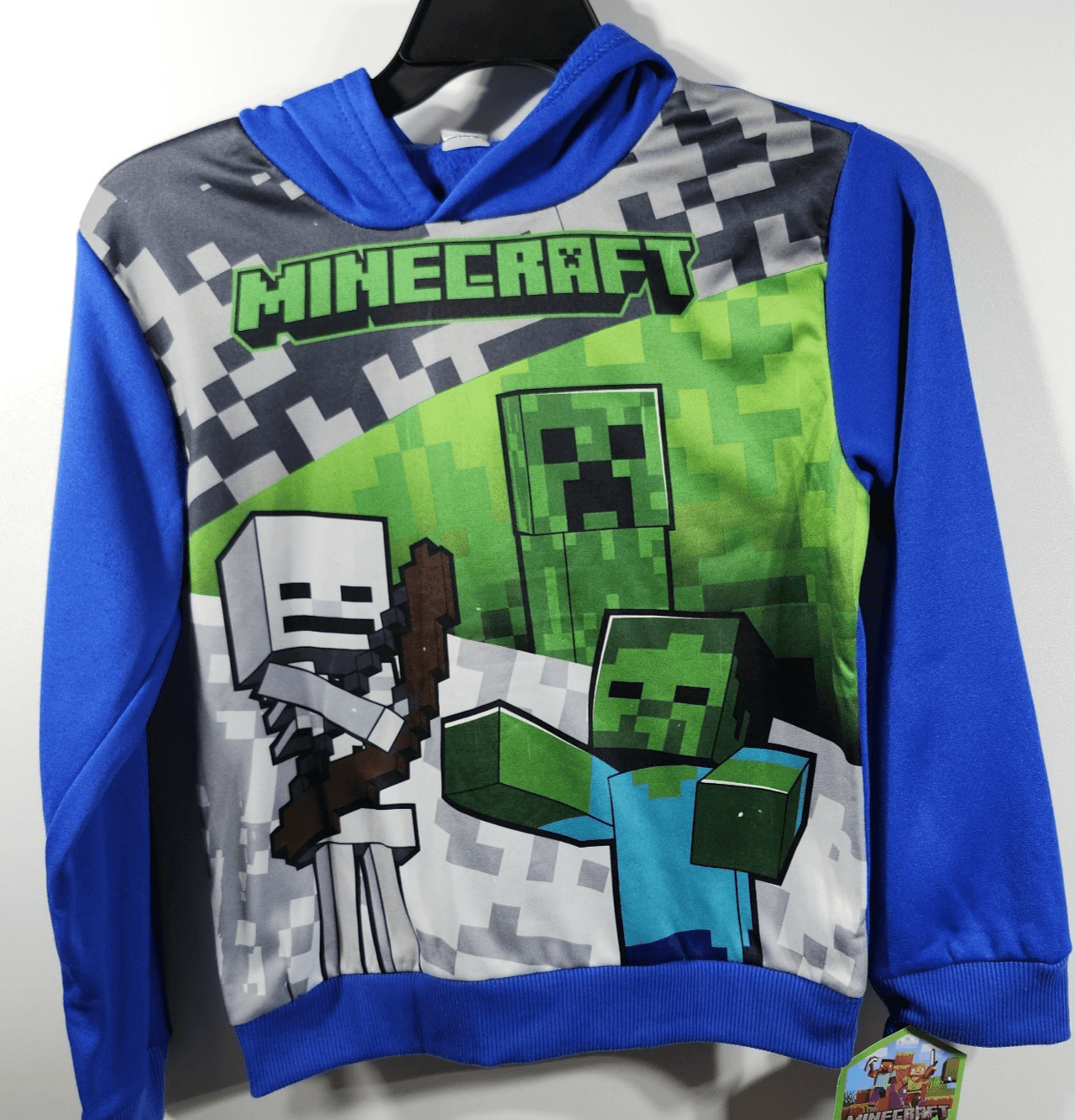 Minecraft Boy's Large Hoodie Blue Long Sleeve Pullover Hooded Sweatshirt NEW