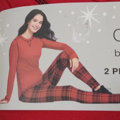 2-Piece ClimateRight by Cuddl Duds Women’s XS Base Layer Top Legging Red Black - Thumbnail 3