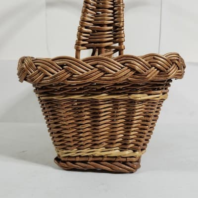 Vintage Wicker French Country Farm Market Basket Woven Cane Handle Rectangle - Thumbnail 8