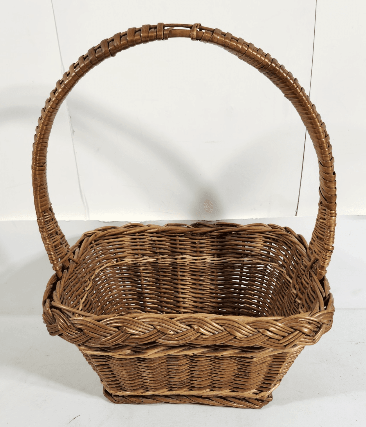 Vintage Wicker French Country Farm Market Basket Woven Cane Handle Rectangle - Thumbnail 2