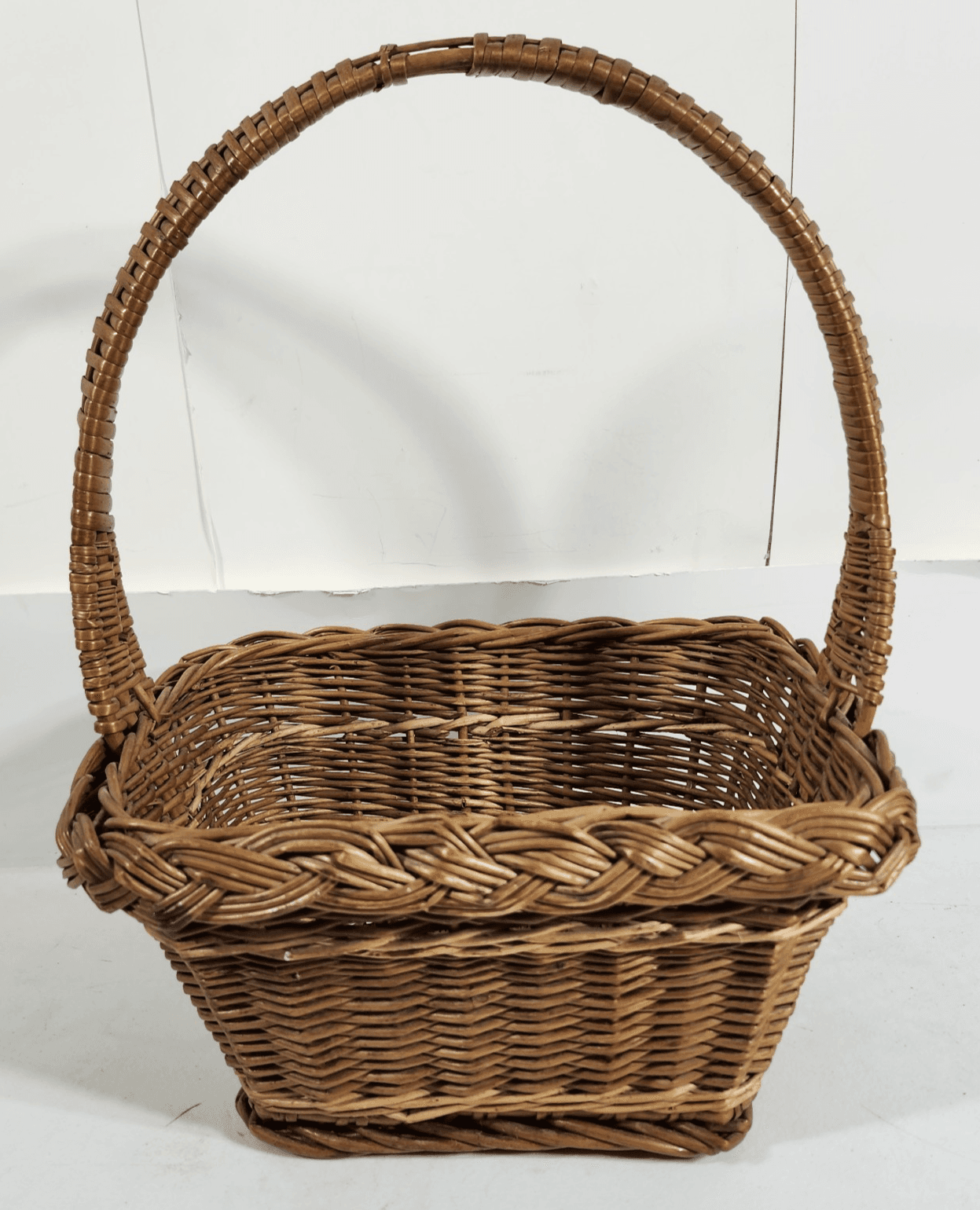 Vintage Wicker French Country Farm Market Basket Woven Cane Handle Rectangle - Thumbnail 5