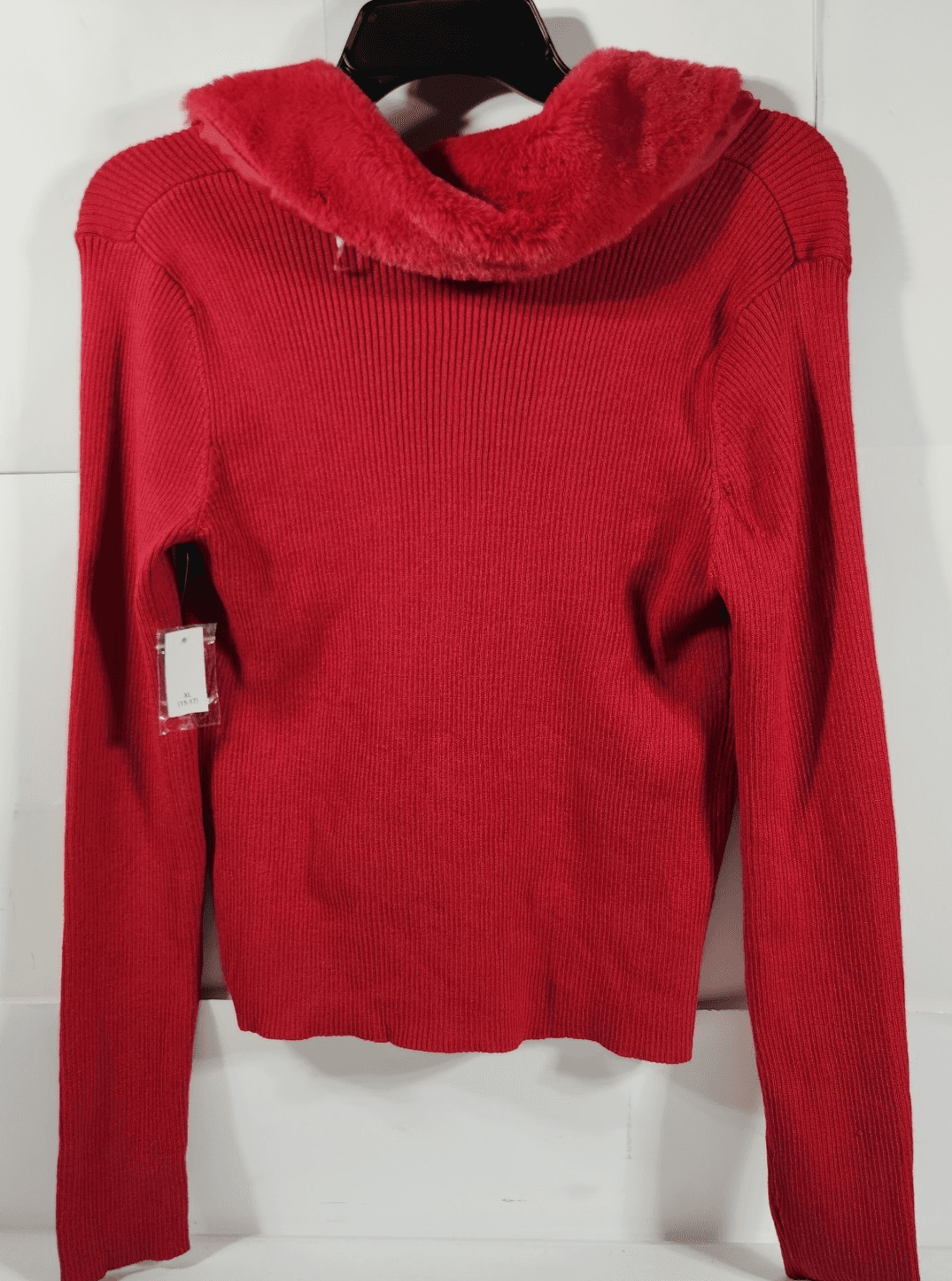 Women's No Boundaries XL Detachable Faux Fur Collar Cardigan Sweater Red NEW - Thumbnail 6
