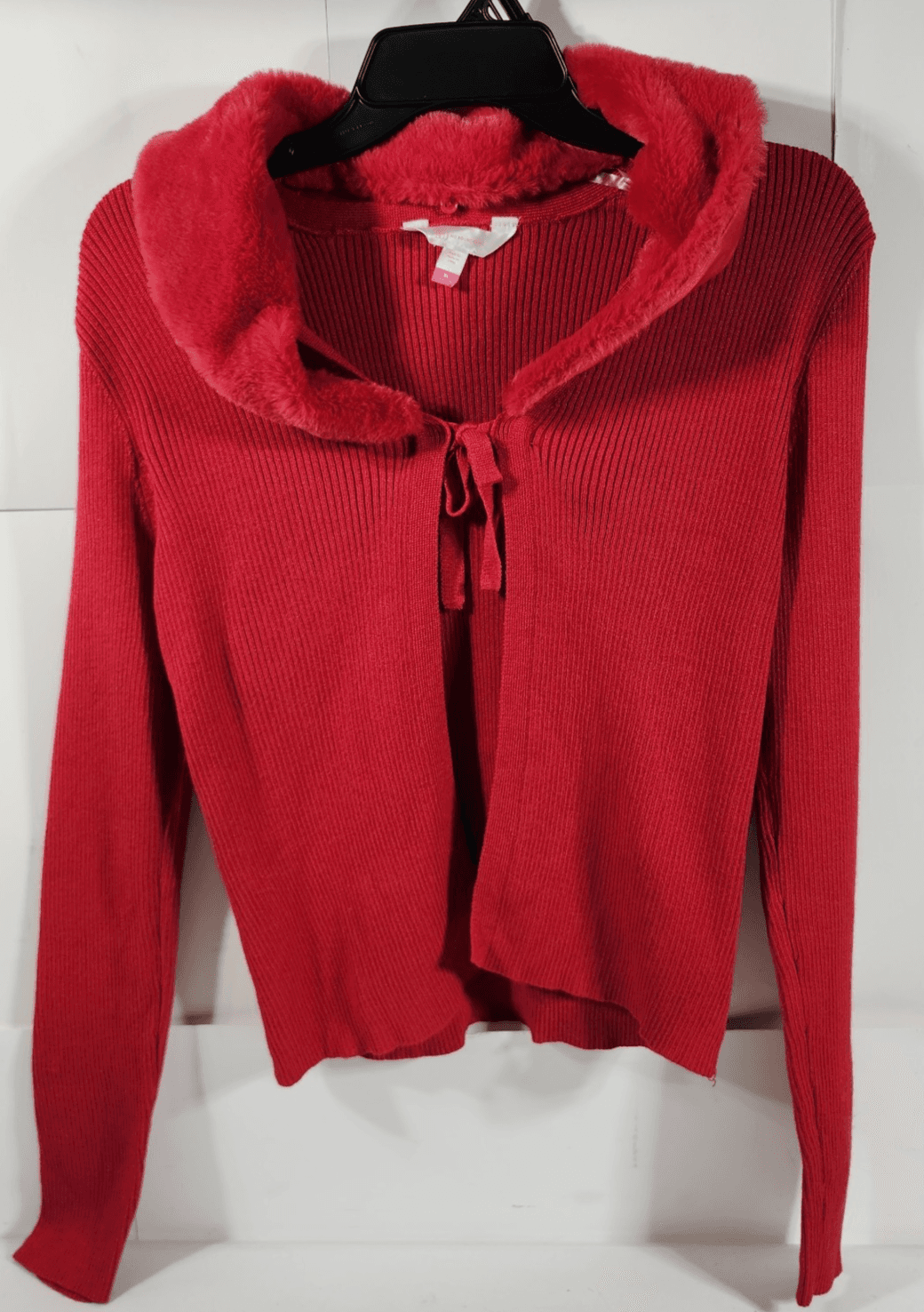 Women's No Boundaries XL Detachable Faux Fur Collar Cardigan Sweater Red NEW - Thumbnail 5