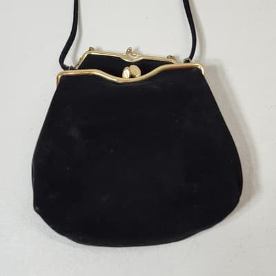 Vintage Rosenfeld Handbag Black Brushed Suede Gold Frame W/Mini Coin Purse - Thumbnail 2