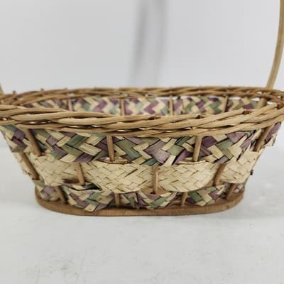 Wicker Vintage Easter Basket Handle Weaved Mexico Hand Woven Pink Green - Thumbnail 2