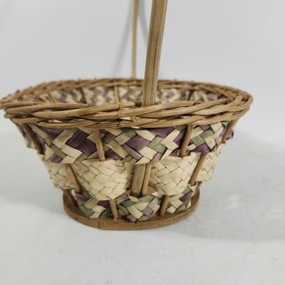 Wicker Vintage Easter Basket Handle Weaved Mexico Hand Woven Pink Green - Thumbnail 4