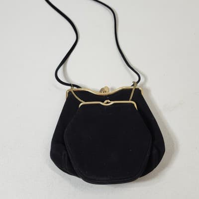 Vintage Rosenfeld Handbag Black Brushed Suede Gold Frame W/Mini Coin Purse - Thumbnail 3