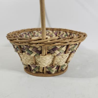 Wicker Vintage Easter Basket Handle Weaved Mexico Hand Woven Pink Green - Thumbnail 7