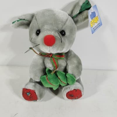 Holiday Gray Mouse Stuffed Plush Animal Holding Christmas Tree 12" - Thumbnail 2