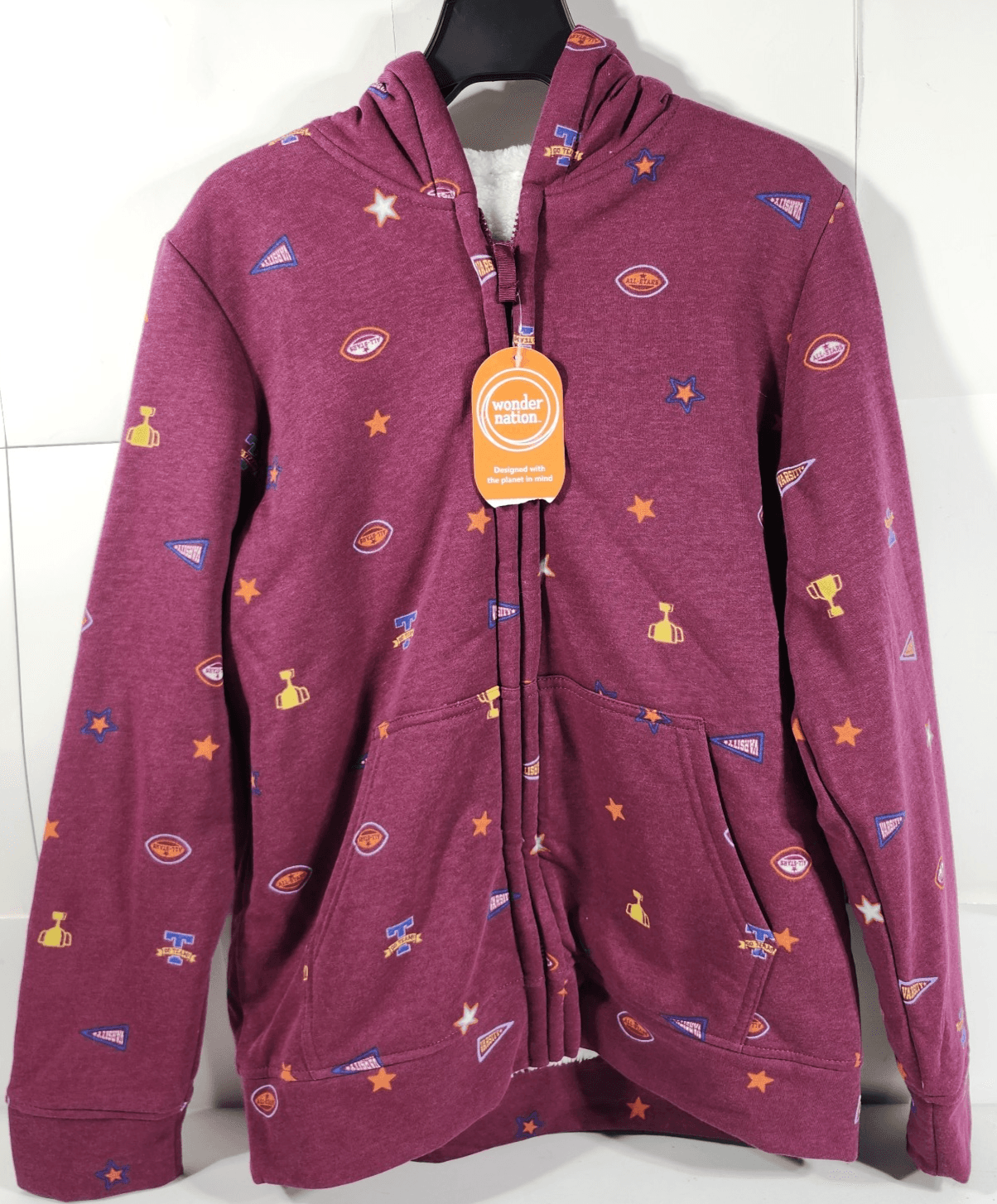 Wonder Nation Boy's Full Zip Hoodie W/Faux Shearling Lining Size XL Red NEW - Thumbnail 5