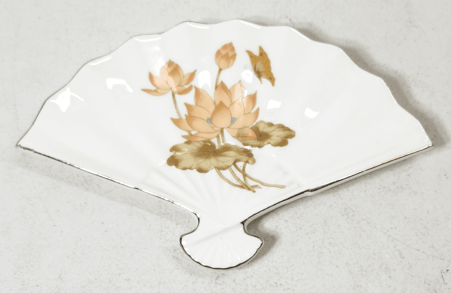 Japanese Hand Painted Fan Shape Plate Dish Lotus Flower Home Decor Trinket