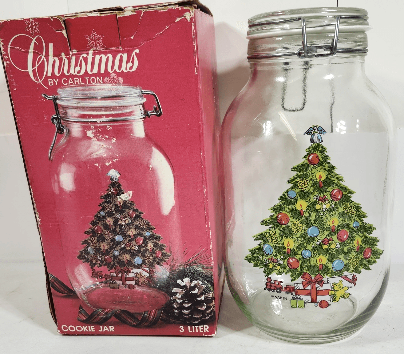 Vtg Christmas by Carlton 3L Ermetico Glass Cookie Jar in Original Box - Thumbnail 2
