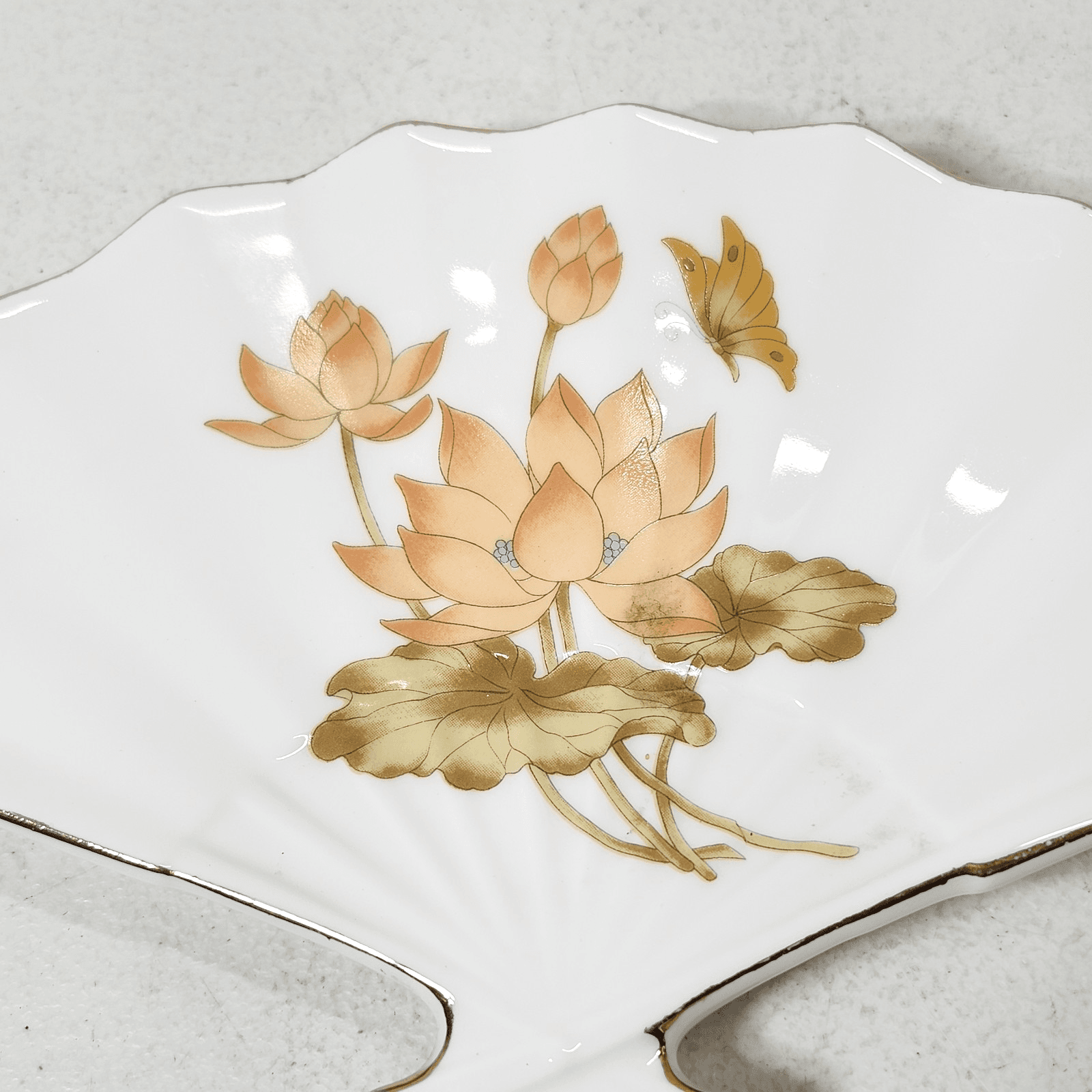 Japanese Hand Painted Fan Shape Plate Dish Lotus Flower Home Decor Trinket - Thumbnail 3