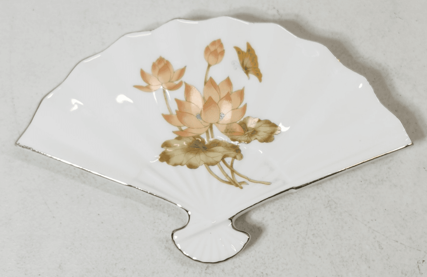 Japanese Hand Painted Fan Shape Plate Dish Lotus Flower Home Decor Trinket - Thumbnail 2