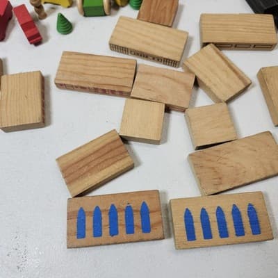 Vtg Playskool Village Wood Blocks Buildings Cars Train Trees Plastic Mat 75pcs - Thumbnail 12